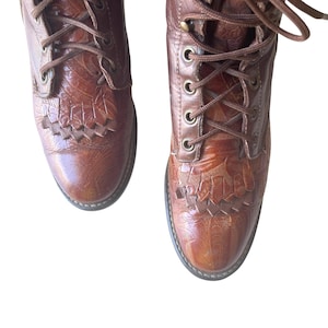 Vintage Laredo Brown Leather Tooled Cowboy Working Boots. Southwestern Floral Leather Lace-Up Boots. Tooled Floral Patterns. 70s. 80s. 90s.