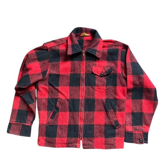 Vintage Yorke Red Plaid Men's Jacket: Wool Plaid Farmer Jacket, Zipper Jacket, Pockets, Buttoned Cuffs, Hunter Jacket, Autumn/Fall Jacket