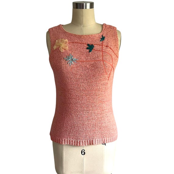 Vintage Norton Studio Petite Pink Multicolor Floral Knit Sweater Tank. Pink Colorful 3D Sweater Top. Spring. Boho. Hippie. 90s. Y2K.