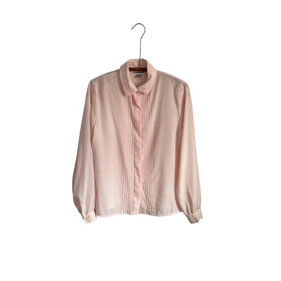 Vintage Nicola Peachy Pink Floral Lace Collar Blouse. Nude Peach Pink Victorian Embroidered Button-Up Top. Button Cuffs. Retro 80s. 1980s.