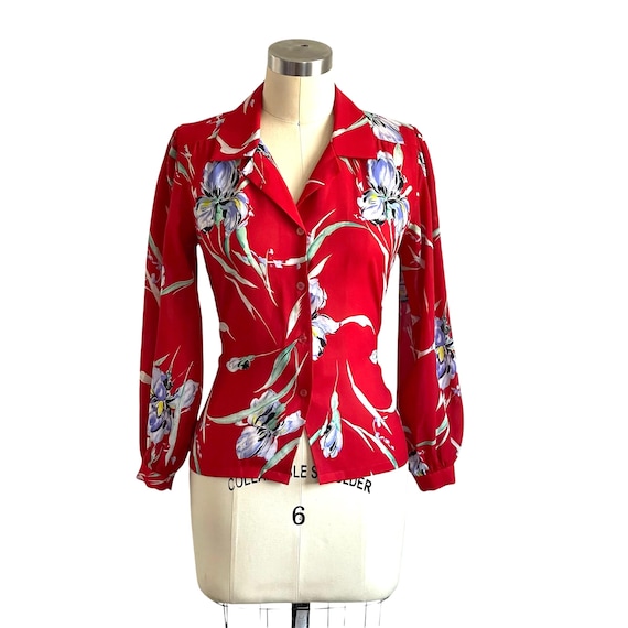 Vintage Bright Red Floral Button-Up Shirt. Bright Multicolor Flower Print Dress Top. Blue Flowers. Tropical. Summer. 80s. 90s.