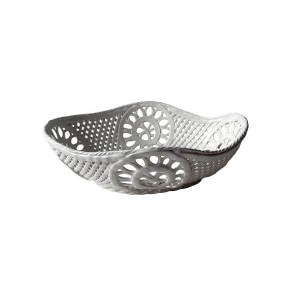 Vintage White Ceramic Trinket Basket Dish. Signed. Antique Portuguese Pottery Decor. Cut-Out Woven Design. MCM Mid Century. 60s. 70s.