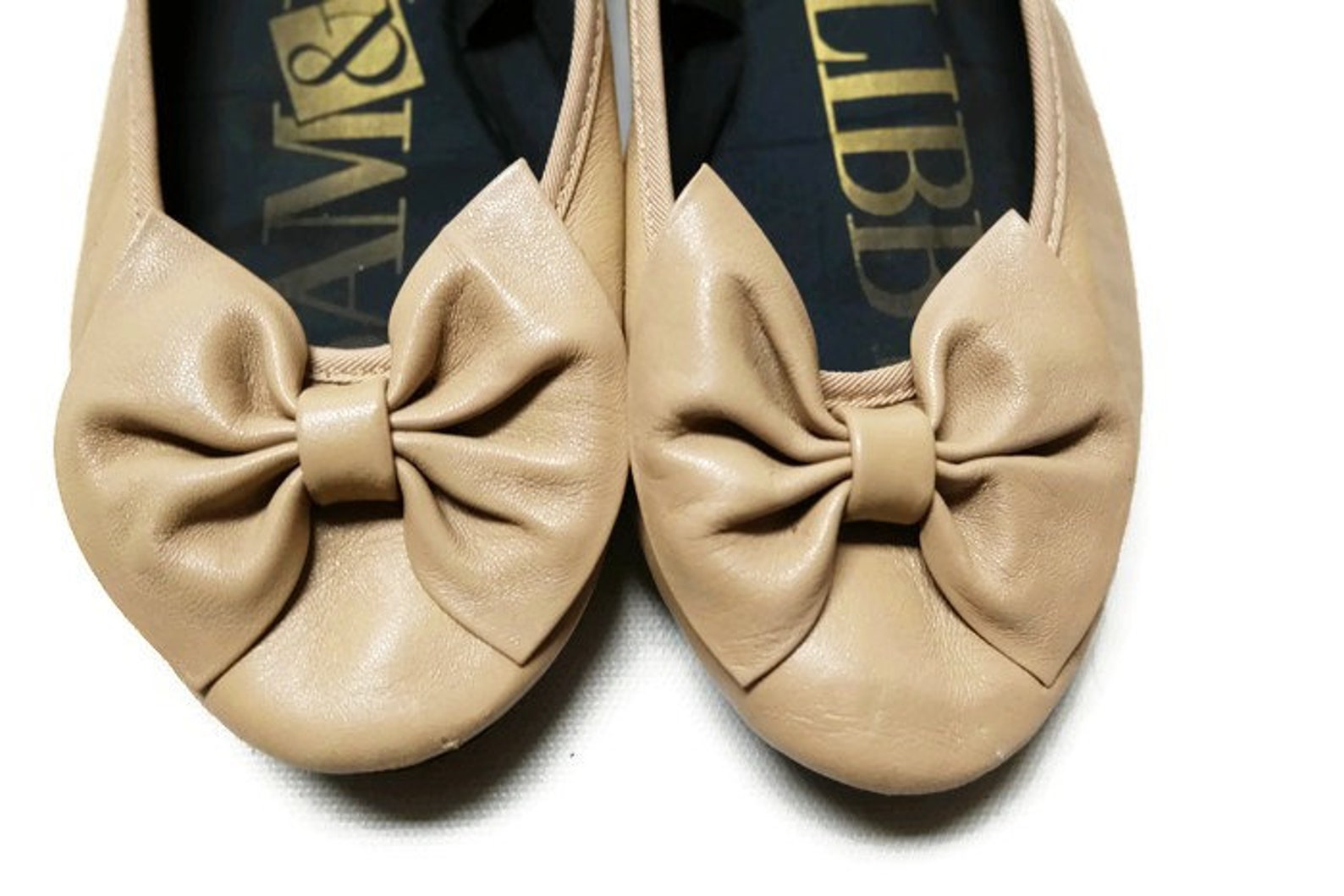 80s sam libby beige leather ballet bowtie flats shoes