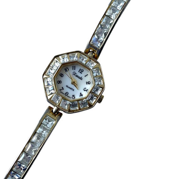 Vintage Xanadu Quartz Octagon Wristwatch. Rhinestone and Gold Analog Wrist Watch. Rhinestones. Goldtone. Octagon Base. 80s. 1980s.