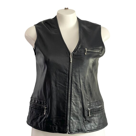 Vintage Pelle Studio Black Leather Moto Vest: Women's Motorcycle Biker Vest (XL)