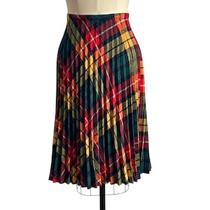Vintage 70s 80s Plaid Pleated Midi Skirt. Tartan Plaid Pleated Skirt. Red. Green. Yellow. 70s Vintage Plaid Skirt. Dark Academia Plaid Skirt