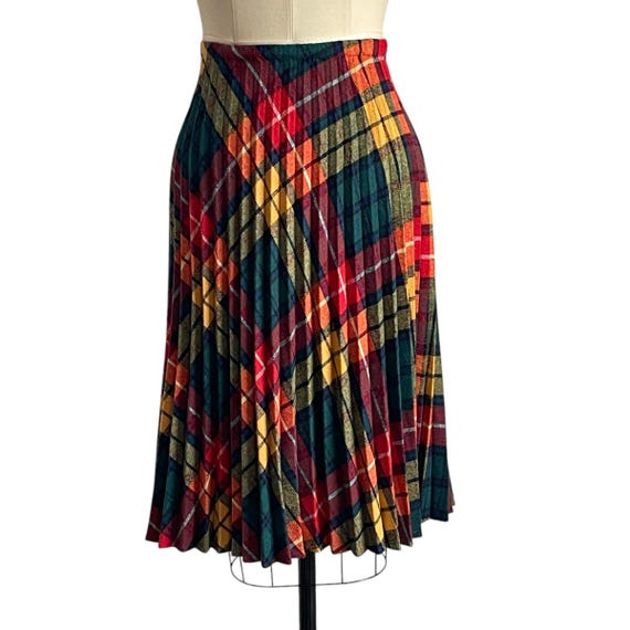 Vintage 70s 80s Plaid Pleated Midi Skirt. Tartan Plaid Pleated Skirt. Red. Green. Yellow. 70s Vintage Plaid Skirt. Dark Academia Plaid Skirt