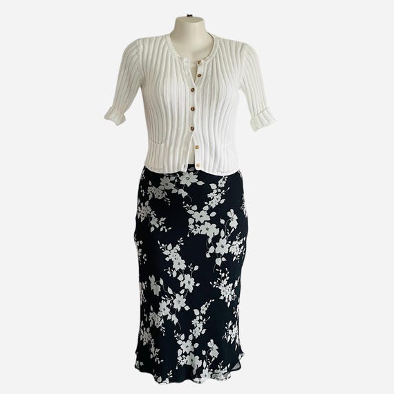 Vintage Jonathan Martin Black and White Floral Midi Skirt. Monochromatic Flower Bias Cut Skirt. Elastic Waist. Spring. Summer. Y2K. 2000s.