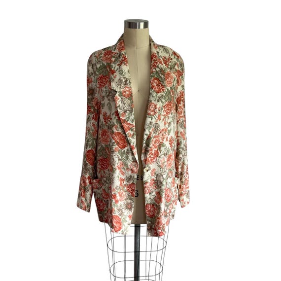 Vintage Beige Floral Blazer Jacket. Linen Flower Blazer. Pink Red Coral Flowers. Boho. Hippie. Oversized Blazer Jacket. Cottagecore.