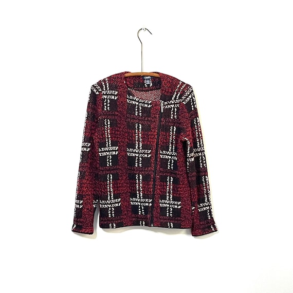 Vintage Chaps Red Black Plaid Zip-Up Jacket. Plaid Sweater Jacket. Burgundy. Merlot. Womens Business Casual Jacket. Dark Academia. 90s. Y2K.