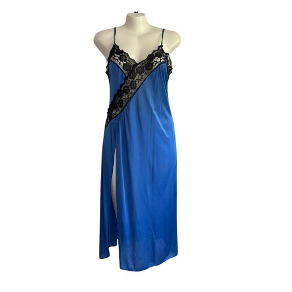 Vintage 70s 80s Blue Black Silky Slip Dress Nightgown. Cobalt Blue Black Night Dress. Black Lace Neckline. Hip Split. 80s. 90s. Y2K.
