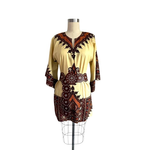 Vintage Dashiki Batwing Boho Mini Dress. Colorful Hippie Blouse Shirt Dress. Pockets. Large Sleeves. Hippiecore. 80s. 90s. Y2K. Bou Boudima.