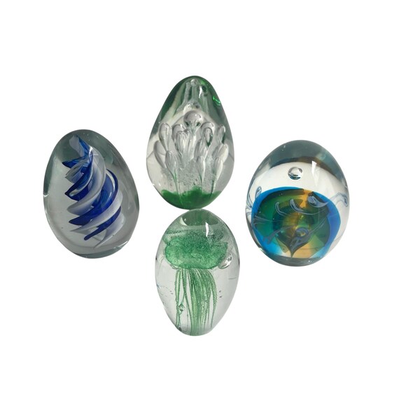Vintage Glass Egg Paperweight Lot. Lot of 4. Sold Separately. Small Octii. Blue Swirl. Green Bubbles. Earth Blue Swirl. 60s. 70s. 80s.