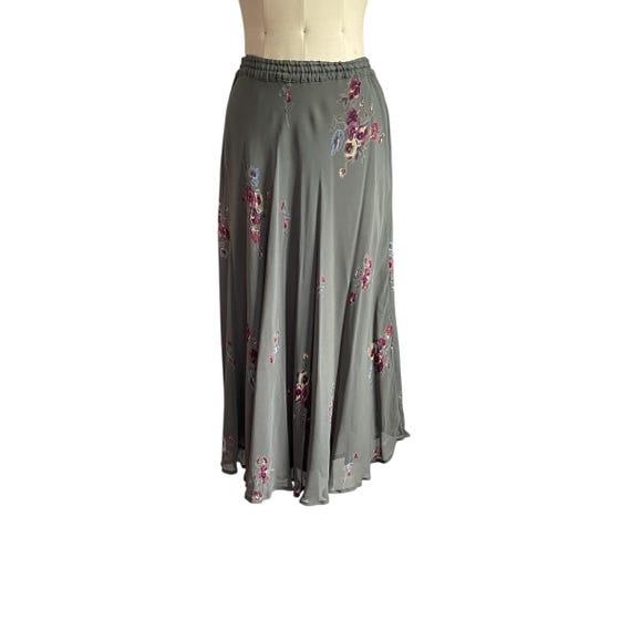 Vintage Sarah Arizona Sage Green Floral Maxi Skirt. Long Multicolor Flower Print Skirt. Elastic Waist. Mesh Overlay. Whimsigoth. Y2K.