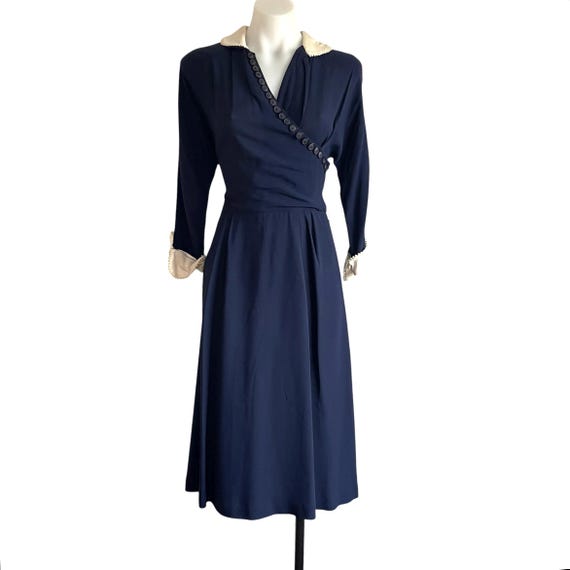 Vintage 40s 50s R&K Original Navy Blue MCM Wrap Button Maxi Dress. Mid Century Mod Blue Dress. Fishtail Rear Skirt. Off White Cuff Collar.
