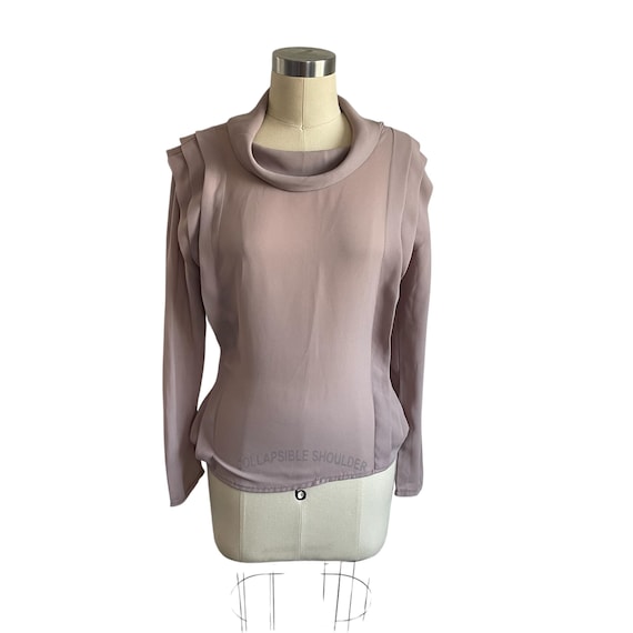 Vintage Taupe Brown Cowl Neck Pleated Blouse. Sheer. Long Sleeve Blouse. Pleated/Ribbed Sides. Neutral Dress Blouse. Womens Casual Blouse.