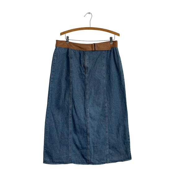 Vintage Y2K Denim Midi Skirt. Blue Jean Maxi Skirt w/Brown Suede Waist. Back Split. Whimsygoth Casual. 90s. 1990s. Womens Casual Skirt.
