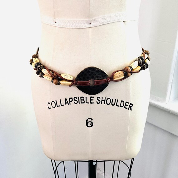 Vintage Brass Beaded Link Waist Belt. 60s 70s. Boho Urban Chic Style. Hippie Bohemian. Wood Beads. Low Slung Belt. One Size. 90s 00s. Y2K.