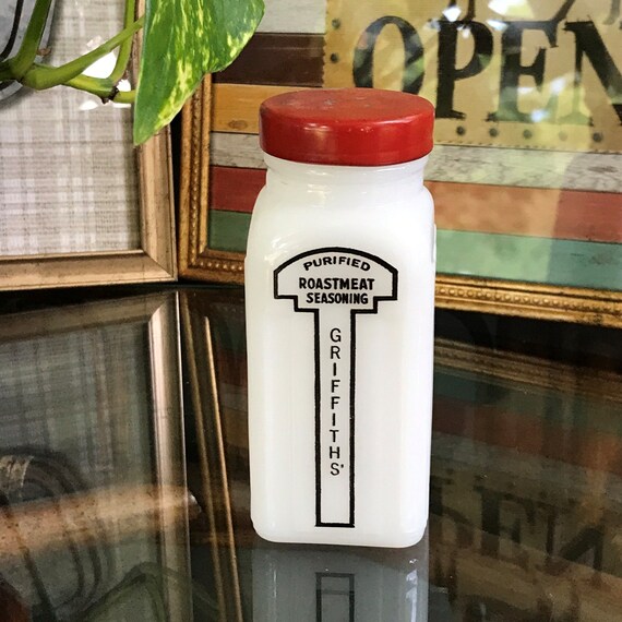 Vintage 50s Griffiths Milk Glass Farmhouse Apothecary Spice Jar. Roastmeat Jar. Kitchen Storage Jar. Milk Glass Spice Jar. Kitchen Storage.
