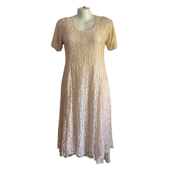 Vintage 90s 00s Peachy Floral Midi Maxi Dress. S/S Floral Plus Size Dress. Womens Casual REVERSIBLE Soutache Lace Dress. Cottagecore Dress.