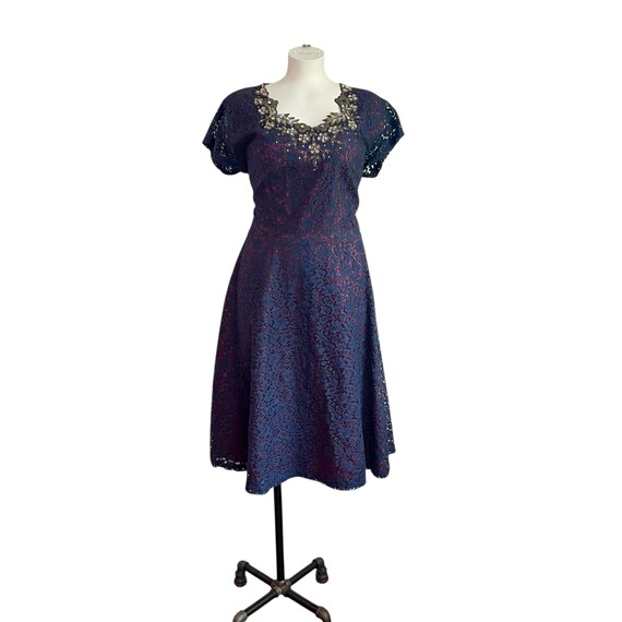 Vintage Navy Blue Lace Dress: Jewel Encrusted 50s Swing