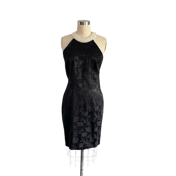 Vintage Pearl Collar Caged Bodycon Halter Mini Dress: 80s 90s, Embossed Floral Bandage Dress.