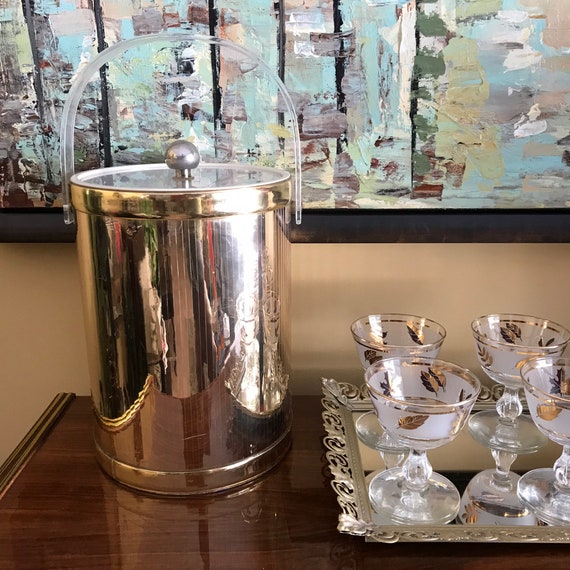 Vintage 60s Mid Century Metallic Gold Ice Bucket. Lucite Acrylic Lid. VLV Barware Bucket. Hollywood Regency MCM Barware. 50s 60s Ice Bucket.