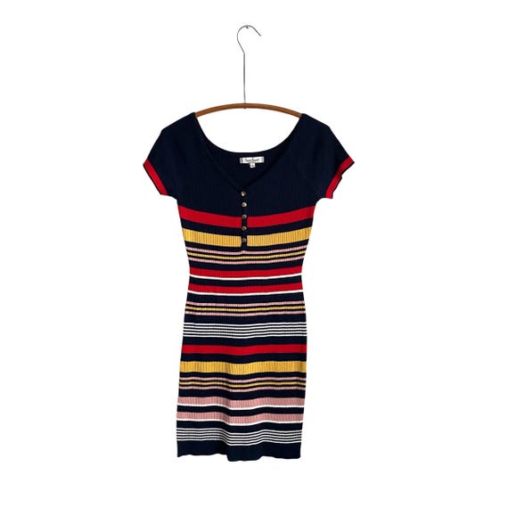 Vintage Y2K Crave Fame Multicolor Striped Mini Dress. Almost Famous Colorful Short-Sleeved Button-Up Dress. Bodycon Multicolor Stripes. 90s.