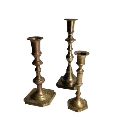 Vintage Brass Assorted Candlestick Holder. Bundle of 3. Antique Solid Brass Taper Candle Holders. Cottagecore. Mid Century MCM. 60s 70s 80s.