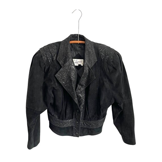 Vintage 80s Black Suede Moto Jacket: Embossed Animal Print, Structured Shoulders