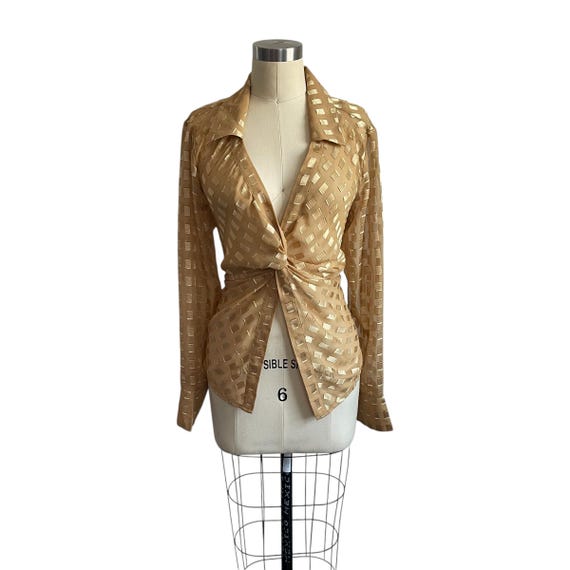 Vintage Dressbarn Golden Checkered Draped Button-Up Blouse. Gold Sheer Block Ruched Blouse. V-Neck. Gold Glam Blouse. 90s Y2K. 2000s. 00s.