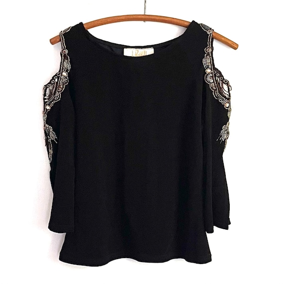 Vintage J. Ribkoff Couture Black Sleeveless Top. Beaded Cold Shoulder Sleeves. Black Beaded Stretch Top. Beaded Couture Top. 90s Y2K 00s.