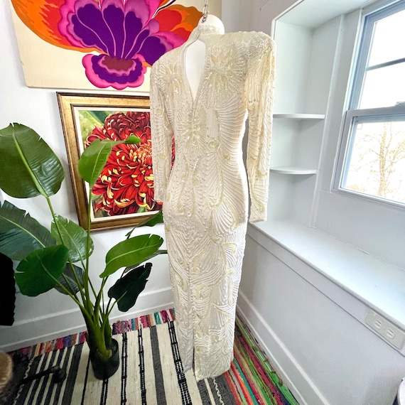 Vintage Deco Silk Beaded Dress. Ivory Beaded Silk… - image 7