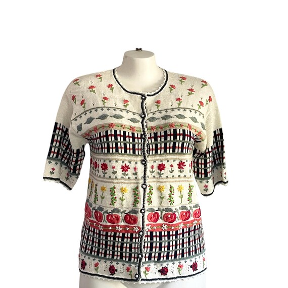 Vintage Floral Knit Cardigan Top: Cottagecore Button-Up, Size 1X