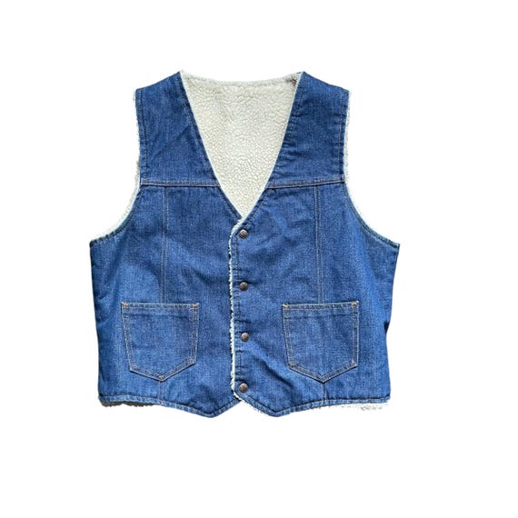 Vintage 70s Denim Sherpa Vest: Jean Vest, Sherpa Lined, Snap Buttons.