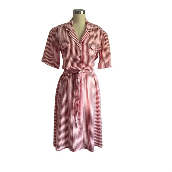 Vintage Miss Joni Pink and White Striped Dress w/Tie Belt. Two-Color Short-Sleeved Casual Dress. Button-Up. 60s. 70s. 1960s. 1970s