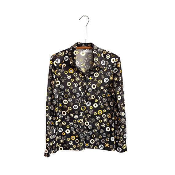 Vintage Act III Funky Circle Button-Up Blouse. 60s 70s Dagger Collar Shirt. Geometric Dots Poly Blouse Shirt Top. Groovy Disco Shirt.