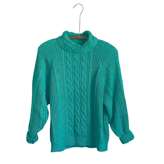 Vintage Golden Touch Turquoise Cable Knit Sweater. Teal Plus-Size Knitted Pullover Sweater. Mock Neck. Casual. 80s. 90s. 1980s. 1990s.
