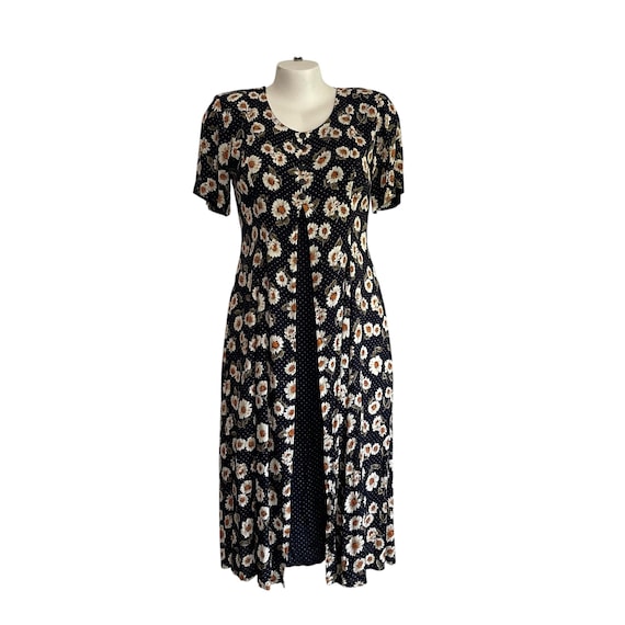 Vintage 90s 00s Whimsigoth Boho Floral Dotted Dress. Dotted Short-Sleeved Split Flower Dress. Brett Alixander. Multicolor. Fall. 90s. Y2K.