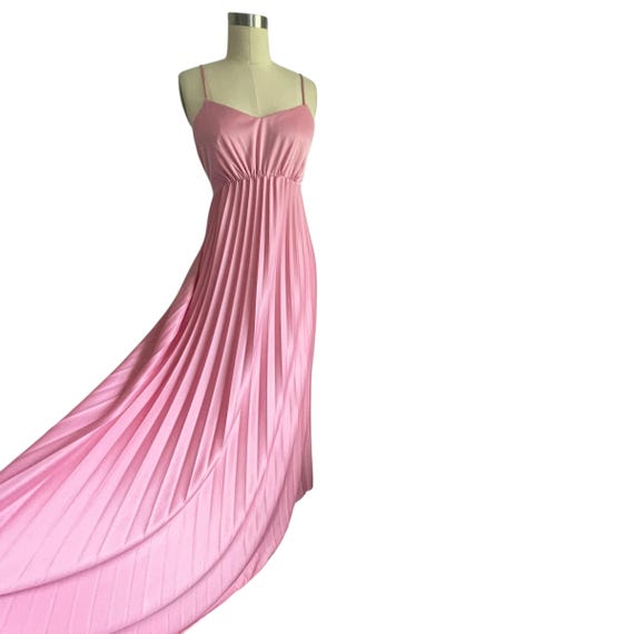 Vintage Pink Silky Pleated Maxi Dress. Long Barbie Pink Dress. Spaghetti Straps. Empire Bust. Barbiecore. Prom. Dance. Party. 60s. 70s. 80s.