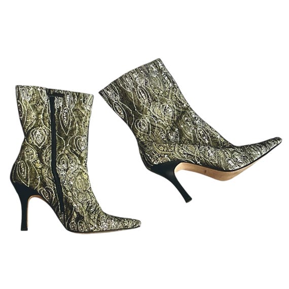 Vintage 90s Y2K Sequin Ankle Boots. Paisley Sequin Woodstacked Heels Boots. Y2K Pointy Toe Ankle Boots. 90s 2000s Y2K Ankle Boots. Size 6.