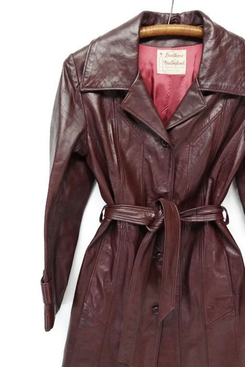 70s merlot red belted leather dress vintage trench coat jacket