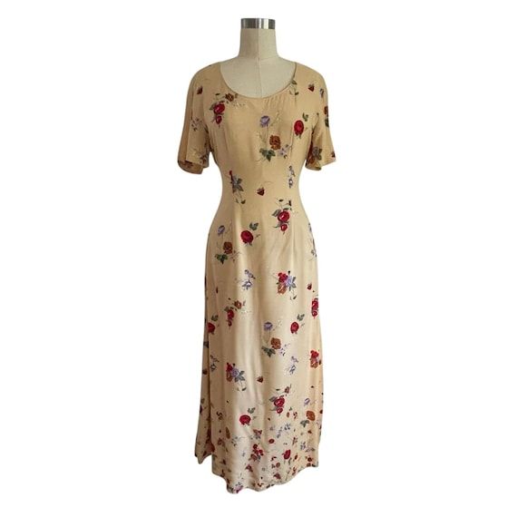 Vintage 90s Y2K Maxi Dress: Butter Yellow Floral Dress, Terry Ward Midi Dress, 00s Floral Maxi Dress, Cottagecore Dress, Granola Chic Dress.
