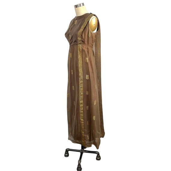 Vintage Franklin Simon Gold Paisley Maxi Gown. Indian Sari Style Sleeveless Maxi Dress. Back Zipper. 50s 60s Mid Century Modern Party Dress.