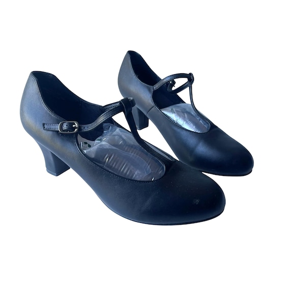 Vintage Stelle Mary Jane Heels Shoes: T-Strap Heels, Black Leather, Womens Casual Dancing Shoes.