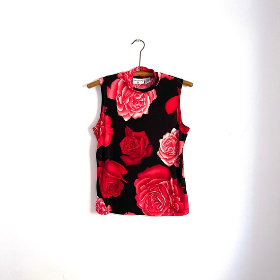 Vintage Y2K Floral Stretch Top. 90s Y2K Floral Top. Sleeveless. Black w/Red Roses Top. Whimsigoth Top. Dark Academia. 00s. Kathy Ireland.