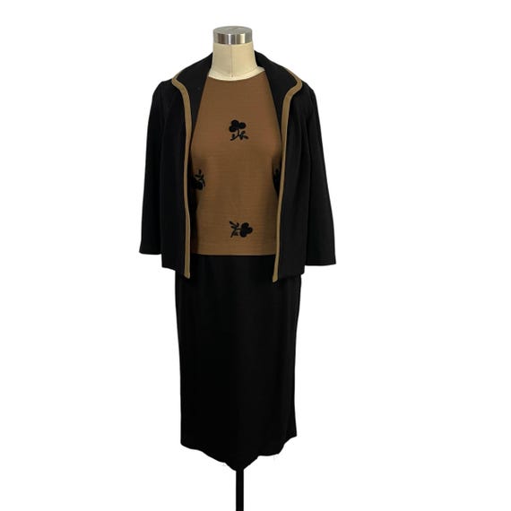 Vintage 60s Blouse Blazer Skirt Suit. Black Blazer w/Trim. Brown Top w/Embroidered Cherries. Black Wool High Waist Skirt. Mod 60s 70s Suit.