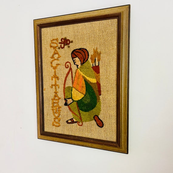 Vintage Sagittaurius Crewel. Crewel Art. Vintage Burlap Art. Vintage Wall Decor. Vintage Horoscope. Sagittarius Wall Decor. Horoscope Decor.