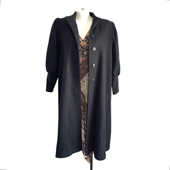 Vintage Black Wool Maxi Coat: Mutton Sleeve Dark Academia Jacket