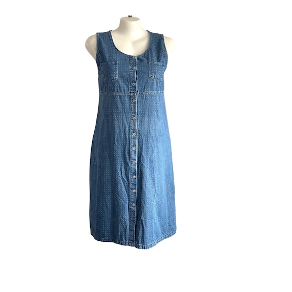 Vintage Blue J. Polks Dots Denim Jumper Midi Dress. Blue Dots Jean Jumper Dress. Womens Market Casual Plus Denim Midi Dress. Plus Size Dress